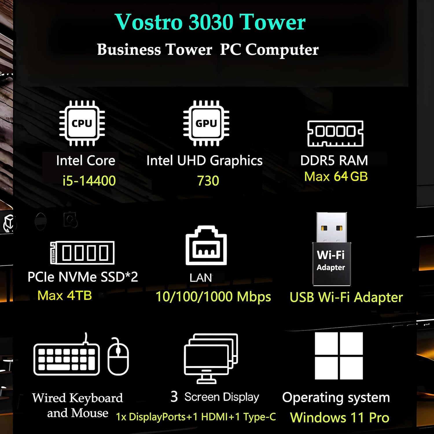 Dell Desktop Computers Tower PC for Home Business Student, 14th Gen Intel Core i5-14400 (Beat i7-13620H), 64GB DDR5 RAM, 2TB PCIe SSD, WiFi Adapter, DisplayPort, HDMI, Type-C, Windows 11 Pro