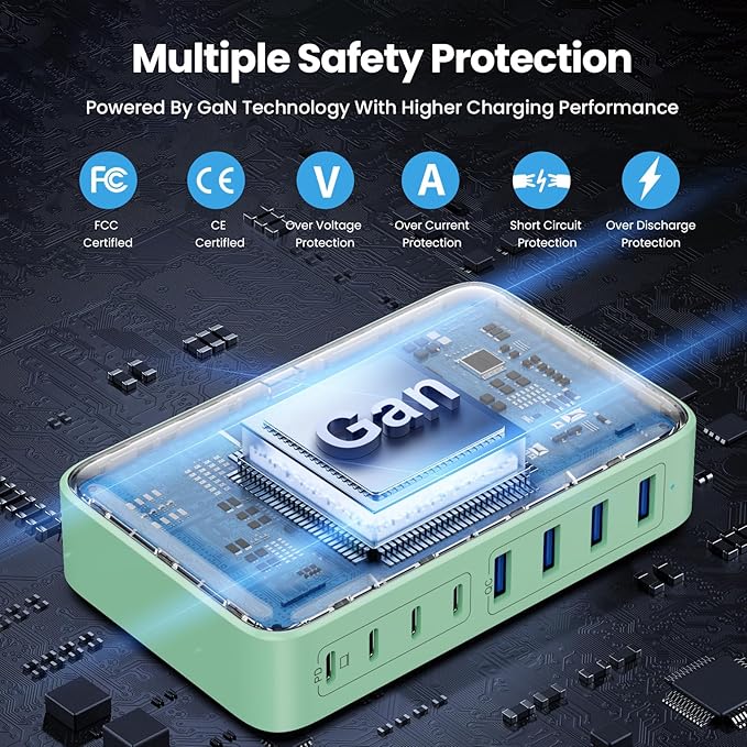 USB C Charger 200W USB C Charger Block GaN III 8-Port Fast Charging Station PD 65W Laptop Charger Adapter Compatible with MacBook Pro/Air,DELL,HP Surface,iPhone 15/14/13,Galaxy S23/22 (G)