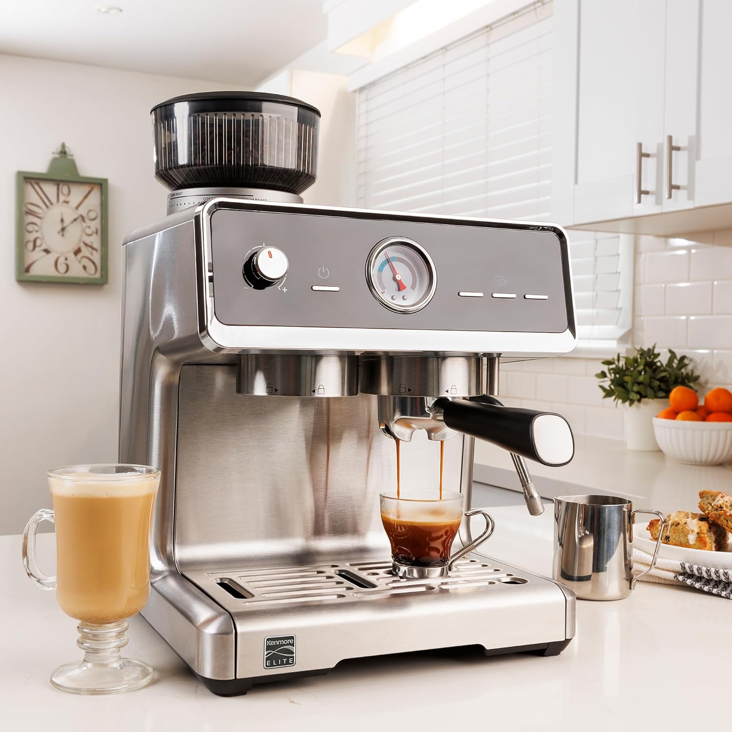 Kenmore Elite Espresso Machine – Semi Automatic Coffee Maker with Auto Tamper, Auto Cleaning, Milk Steamer & Frother, Bean Grinder, Make Professional Barista Style Cappuccino, Café Latte