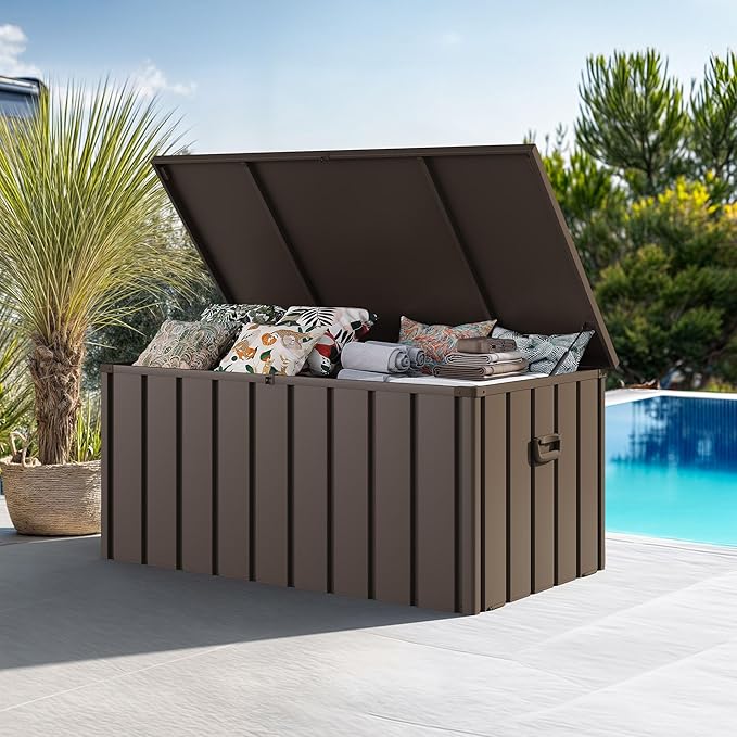 PURPLE LEAF Outdoor Deck Box 150 Gallon Waterproof Lockable Storage Box Container with Lid Deck Organization for Patio Cushions Side Table Pool Accessories Garden Tools, Brown