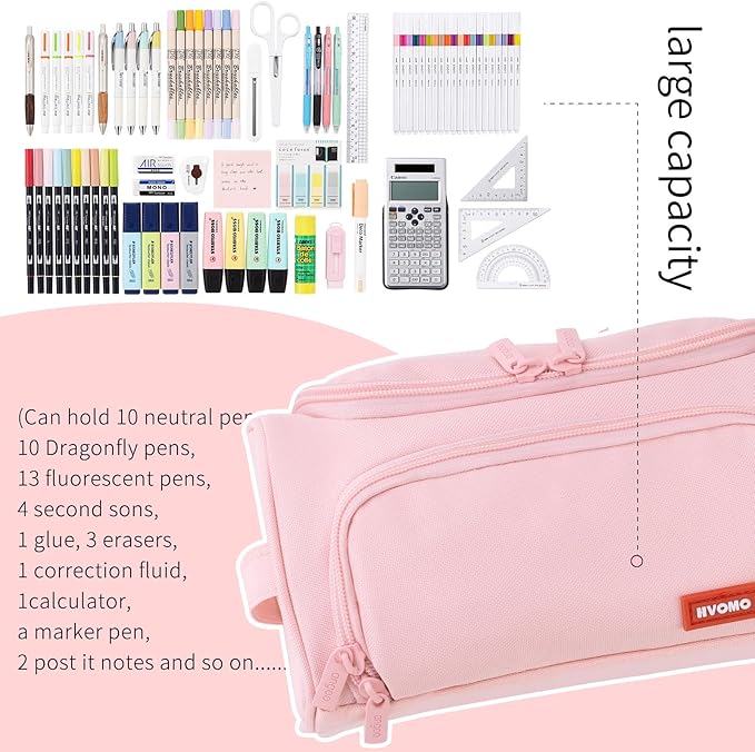HVOMO Big Capacity Pencil Case High Large Storage Pouch Marker Pen Case Travel Simple Stationery Bag School College Office Organizer for Teens Girls Adults Student(Pink)