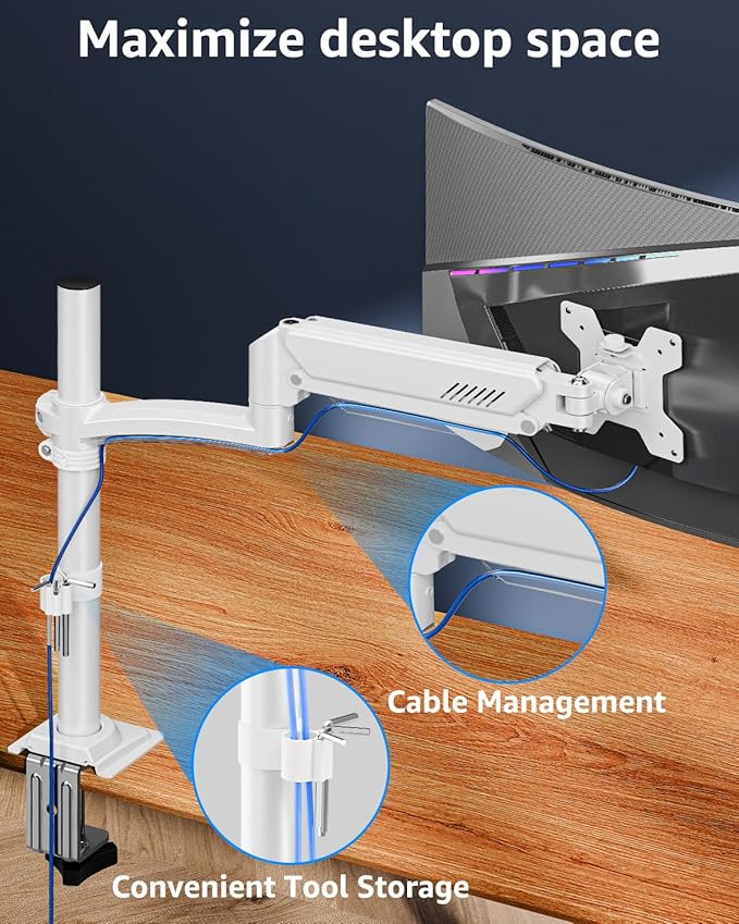 Single Monitor Arm Holds 4.4-22lbs, Monitor Stand for Desk, Height Adjustable Monitors Mount for 32 27 24 22inch, Full-Motion Monitors Desk Mount with C-Clamp&Grommet Base, Freelift White