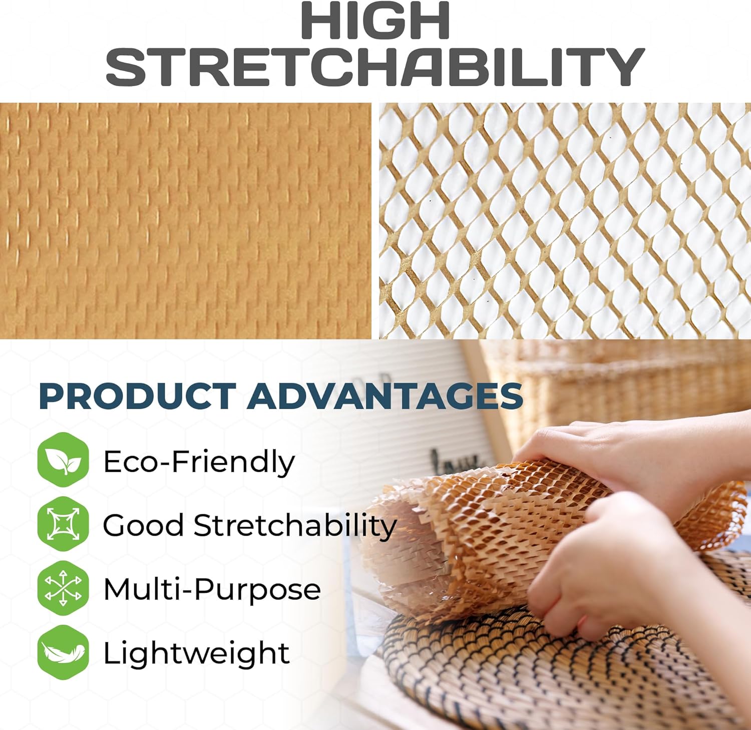 HexcelWrap Mini - Honeycomb Packing Paper, Eco-Friendly, Sustainable Paper Bubble Wrap for Shipping & Moving, Cushioned Packing Material in Easy Self-Dispenser Box - Natural, 12" x 750'