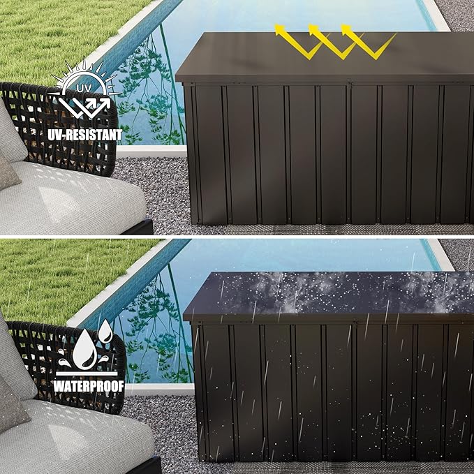 Domi Deck Box 160 Gallon, Waterproof Lockable Steel Outdoor Storage Container for Outside Cushions, Garden Tools and Pools Equipment, Brown