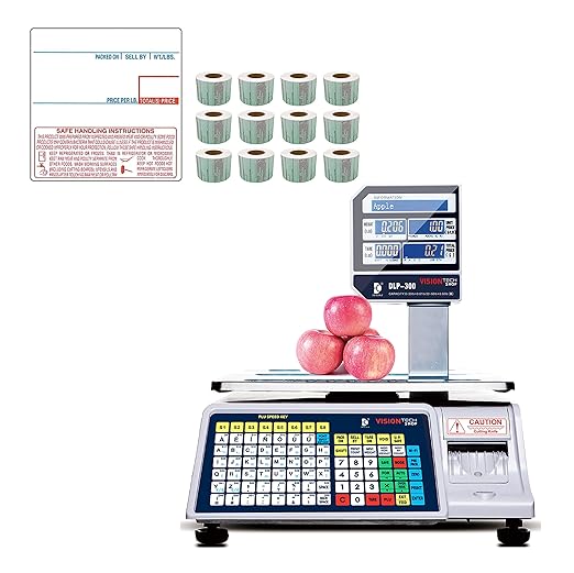 VisionTechShop DLP-300 Label Printing Scale Pole Display, 30/60lbs Capacity, 0.01/0.02lbs, NTEP Legal for Trade with a Free 1 case CAS LST-8040 UPC/Safe Handling Label, 58 x 60 mm