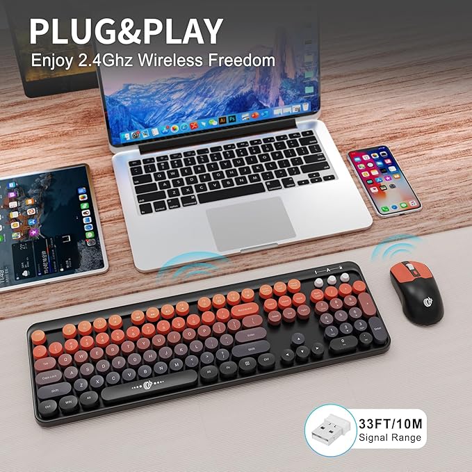 Wireless Keyboard and Mouse Combo, 104 Round Keys Cute Colorful Keyboard and Mouse with Retro Typewriter for PC/Mac/Laptop/Tablet/Computer/Windows Black Red