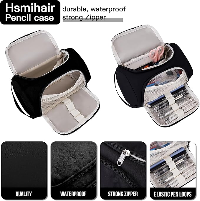 Large Pencil Pouch,Pencil Case Aesthetic,Zipper Pencil Box For Girls Back To School Supplies Emergency Bag Makeup Bag (Black)