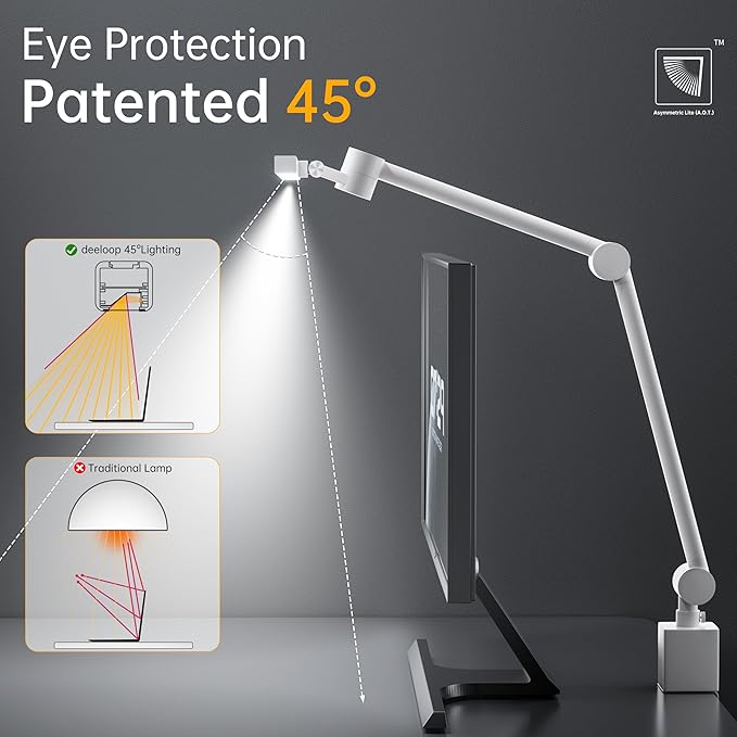 deeloop 2-Arms Swing Long LED Desk Lamp with Clamp, CRI 95+ Eye-Caring Light, USB Charging Output, 2-Hour Timer, Dimmable Desk Light with Memory, Architect Desk Lamps for Home Office Reading &Monitor