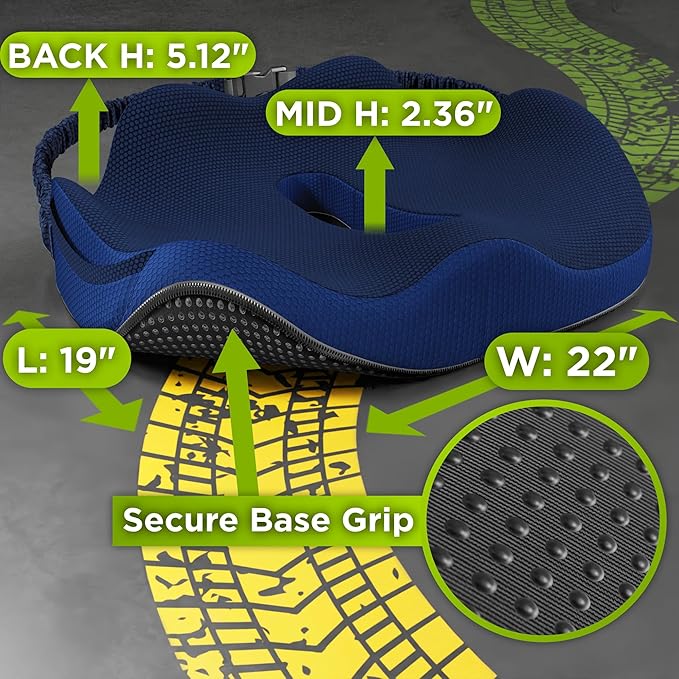 XL Truck Seat Cushion for Truck Driver Seat Cushion - Upgraded Back Support, CertiPUR-US® Certified - Thick Memory Foam, Pain Relief for Hours of Driving, Trucker Approved Big Rig - Navy