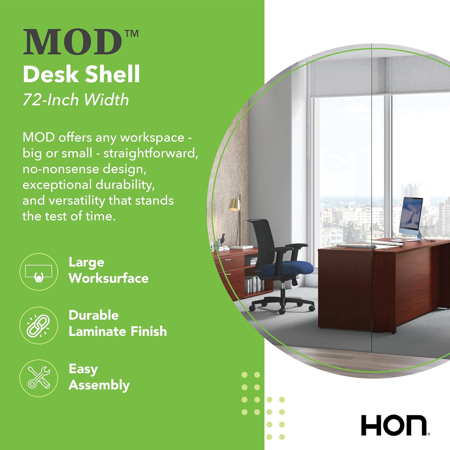 HON MOD Executive Desk 72-Inch Large Computer Desk Shell, Thick Wooden Laminate, Modern Table with Cord Management, 72" W x 30" D x 29" H, Traditional Mahogany