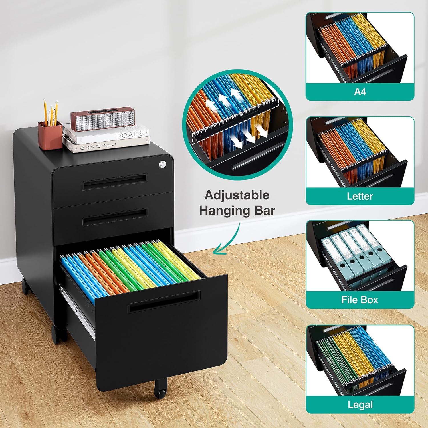 SISESOL 3 Drawer File Cabinet with Lock,Rolling File Cabinets,Under Desk File Cabinet,Three Drawer Filing Cabinet for Home Office with Wheels,Fit A4/Letter/Legal File,Fully Assembled Except Casters