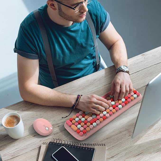 MOFII Wireless Keyboard and Mouse Combo, 2.4GHz Retro Typewriter Keyboard and Cute Mouse for Computer PC Desktops Laptop Windows(Pink Mix)