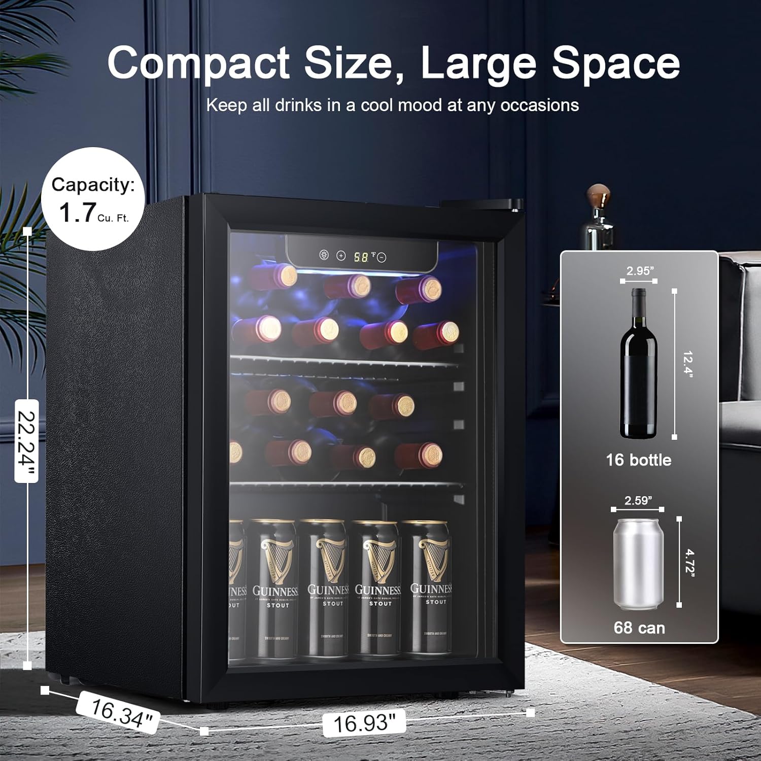 Antarctic Star Beverage Refrigerator Cooler 68 Can, Mini Fridge with Glass Door for Beer Drinks Wine,Freestanding Small Fridge with Electronic Temperature Control for Home and Bar,1.7 cu.ft