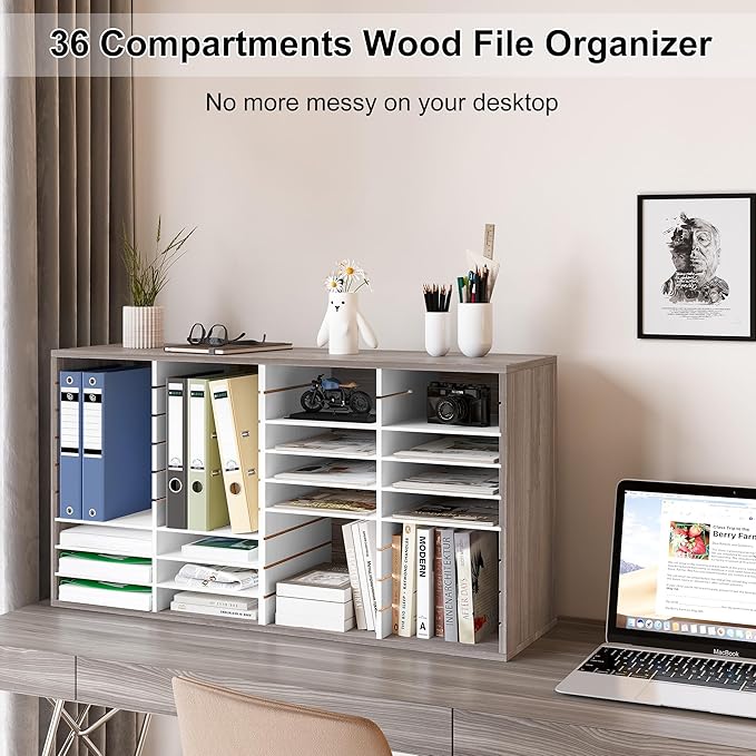 EasyPAG Mail Organizer Countertop, Wood Literature Organizer with Adjustable Shelves, Student Classroom Mailbox for School, Desktop Paper Sorter for Office Home, 36 Compartments, Retro Gray/White