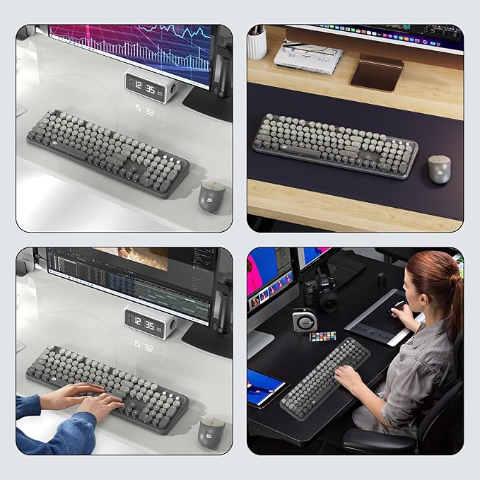 Wireless Keyboard and Mouse Combo, 2.4 GHz Wireless Full-Sized Typewriter Keyboard with Round Keycaps for Windows, Computer, Desktop, PC, Laptop (Grey)