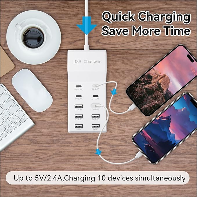 USB Charging Station, 10 Ports Family-Sized USB C Charger Block,USB Power Strip for Smart Phone Tablet Laptop Computer(2 Pcs)