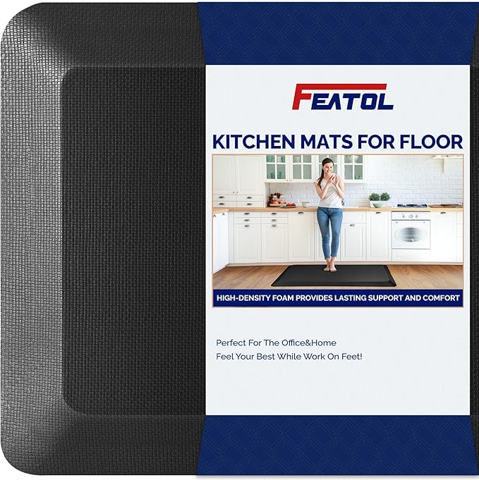 FEATOL 2 Packs Anti Fatigue Mats for Kitchen Floor – 9/10 Extra Thick Standing Cushioned Desk Mat Memory Foam, Ergonomic Floor Padded at Home, Kitchen, Office, Garage – NOT PVC (17" x 24", Black)