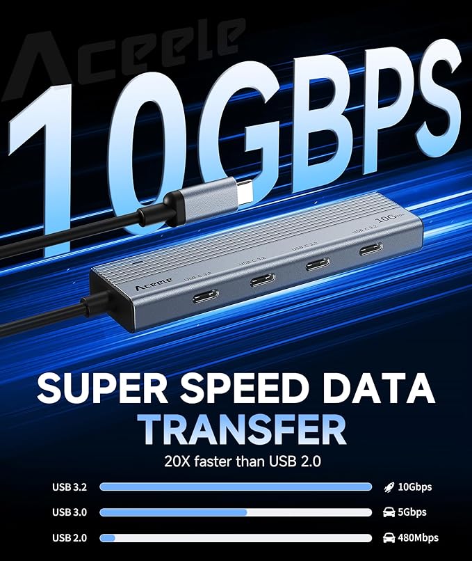 Aceele USB C Hub 10Gbps, USB 3.2 Gen 2 Hub with 4 USB-C 3.2 Ports, 100W Power Delivery, 2FT Cable High Speed USBC Multiport Splitter for MacBook Pro/Air, iMac, iPad Pro(Not Support Extend Monitor)