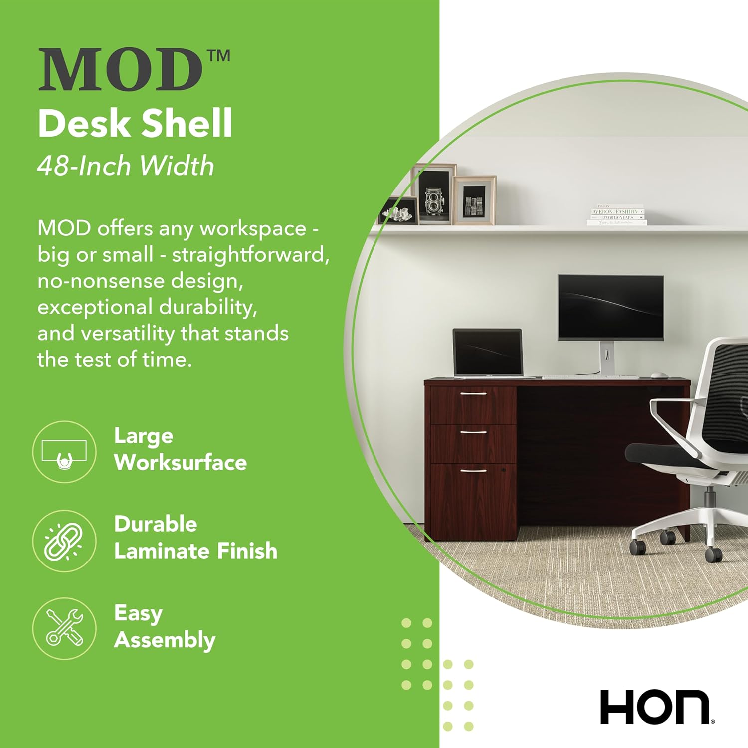 HON MOD Executive Desk 48-Inch Large Computer Desk Shell, Thick Wooden Laminate, Modern Table with Cord Management, 48" W x 30" D x 29" H, Traditional Mahogany