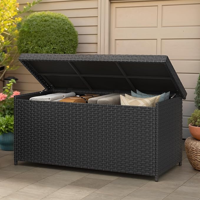 YITAHOME 260 Gallon Deck Box, XXL Wicker Outdoor Storage Box, Oversized Rattan Storage Cabinet for Patio Furniture, Cushions, Pool Storage and Garden Tools (Black)