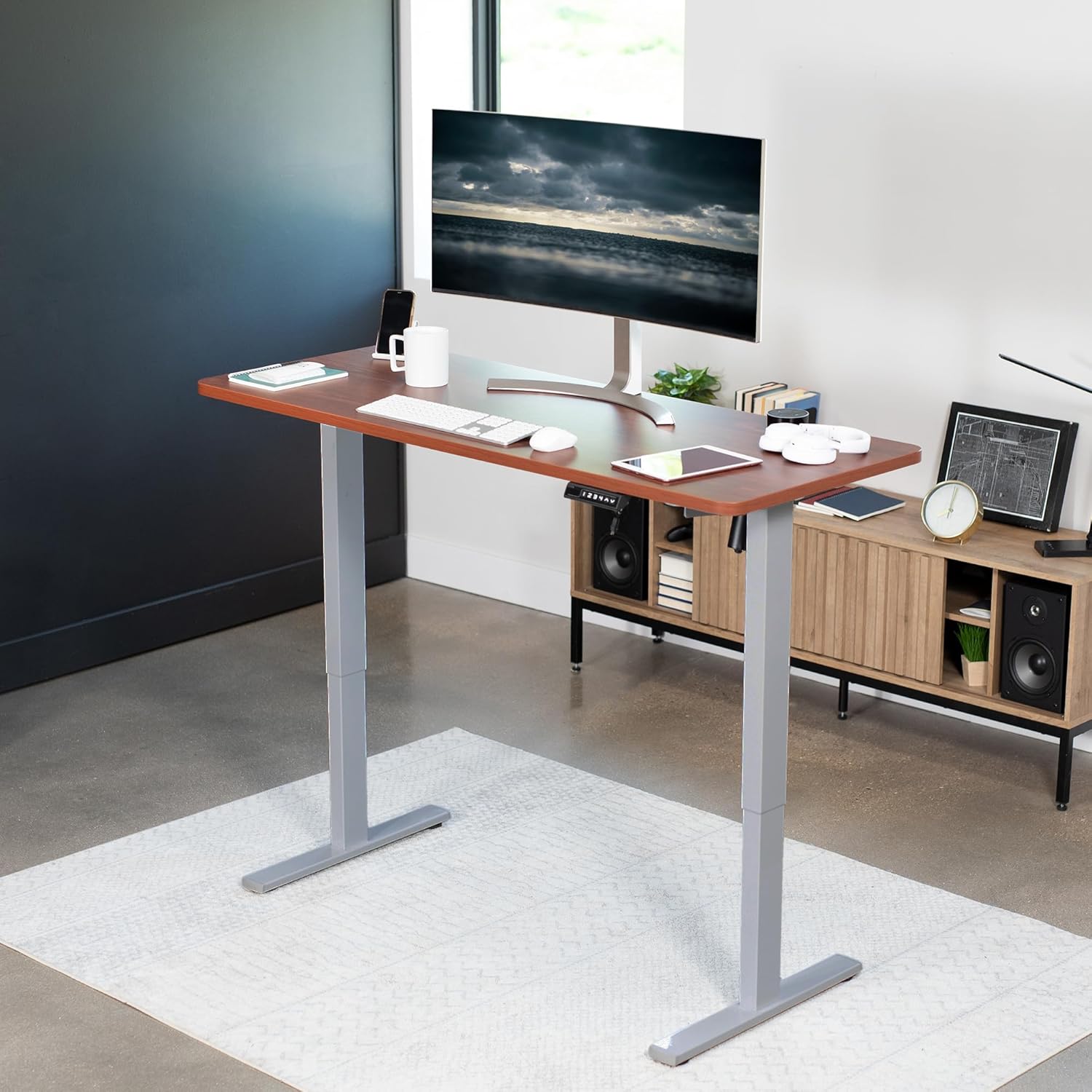VIVO Electric 60 x 24 in Standing Desk, Memory Height Adjustment, 1B Series, One-Piece Dark Walnut Top, Gray Frame, DESK-KIT-1G6D