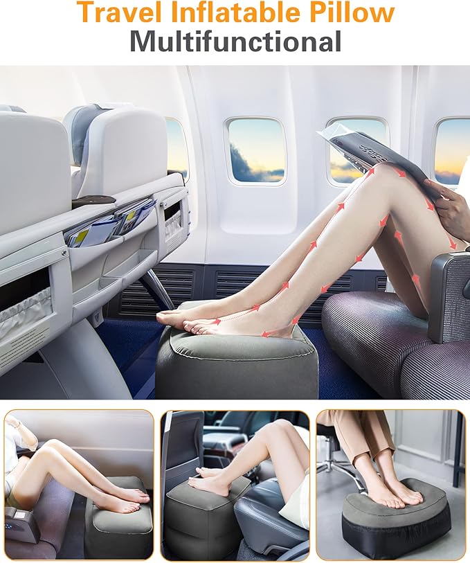 Sunany Inflatable Foot Rest Pillow for Airplane - Kids/Adults - Adjustable Height Cushions, to Sleep While Traveling,Suitable for Office,Home and Any Travel(Dark Grey,2 Pack)