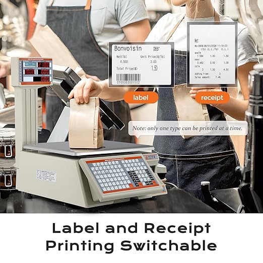 Bonvoisin Label Printing Scale 66lbs Capacity Price Computing Scale Pole Display with Label and Receipt Printer Commercial Barcode Scale for Retail Store, Supermarket and Farm
