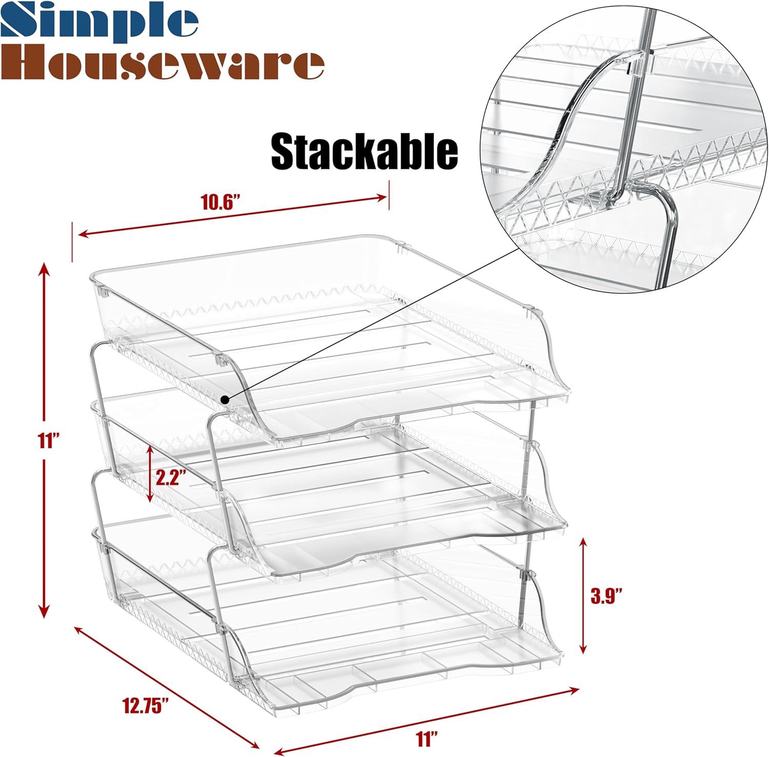 Simple Houseware 3-Tier Crystal Clear Stackable Document Letter Tray Paper Organizer – Desk Organizer for A4/Letter Size Documents, File Sorter, Paper Holder, Office Desktop File Storage, Acrylic Look