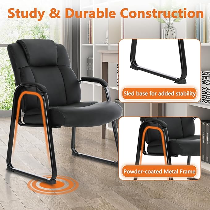 CLATINA Big & Tall 500 lb. Guest Chair, Leather Reception Chairs with Sled Base and Padded Arm Rest for Waiting Room Office Home and Meeting Conference-Black (2 Pack)