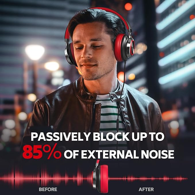 Over Ear Headphones Wired, AC01 Corded Stereo Headsets with Microphone Volume Control for Adults Teens Kids 3.5mm Jack for Chromebooks, Laptop, Computer, Tablets, Travel (Black Red)