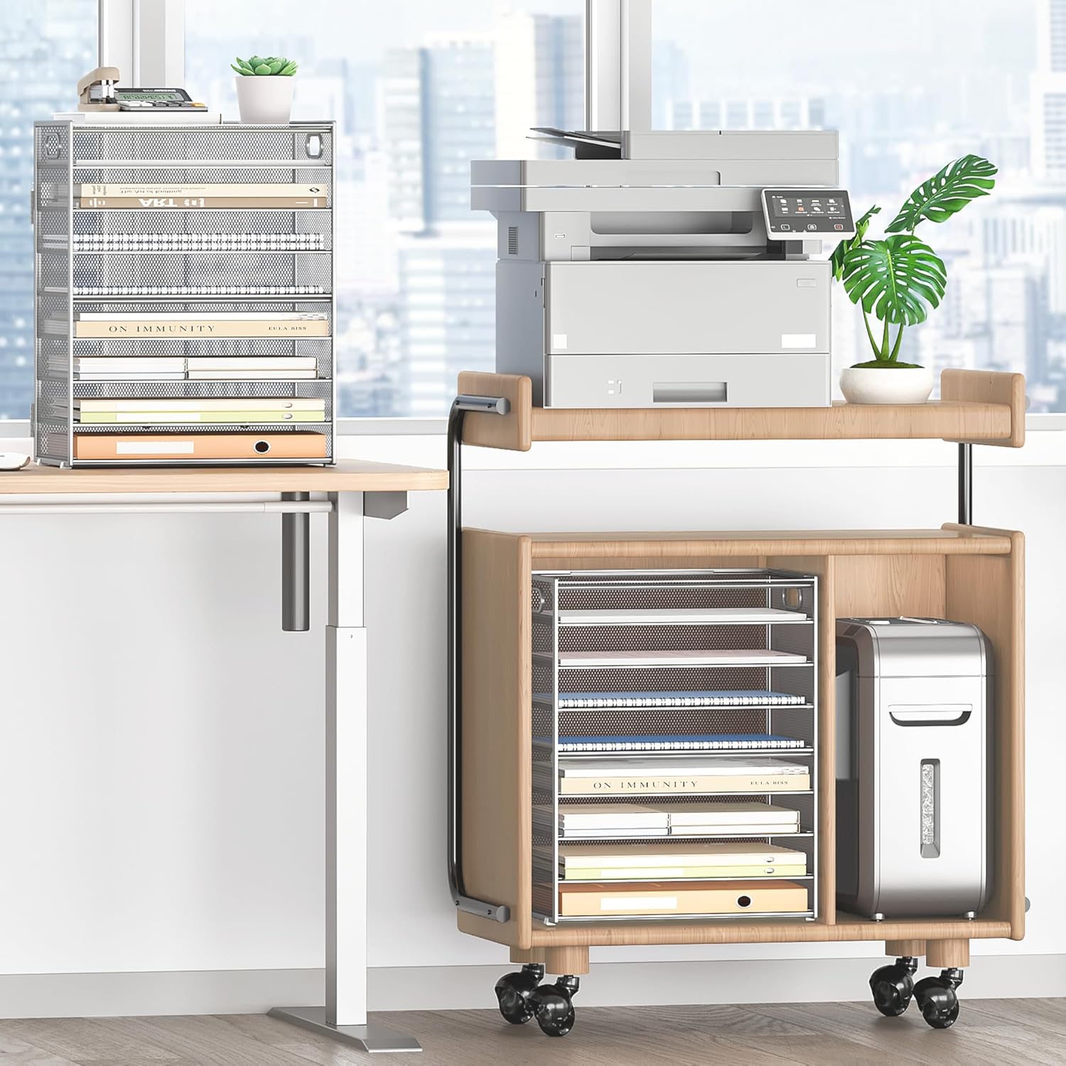 SUBEKYU 9 Tier Paper Organizer for Desk - Metal Mesh Letter Tray File Paper Sorter Organizer Include 6 Pcs Adjustable Height Slid Tray with Handles for Office School Home Organization Storage, Silver