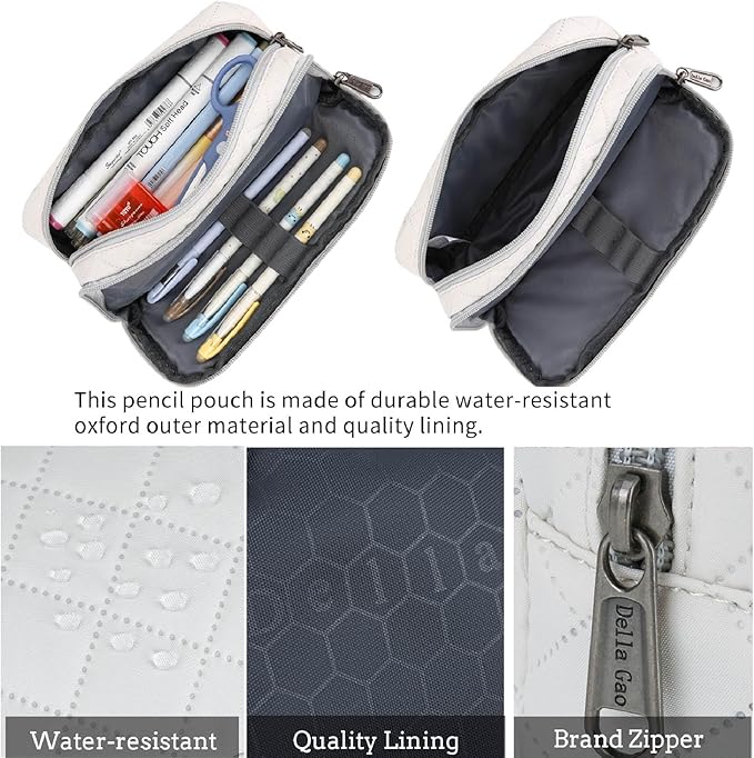 Della Gao Pencil Case Large Capacity Pencil Pouch Soft Quilted Pen Bag Office Stationery Organizer Sturdy Pencil Bag for Men Women - Beige