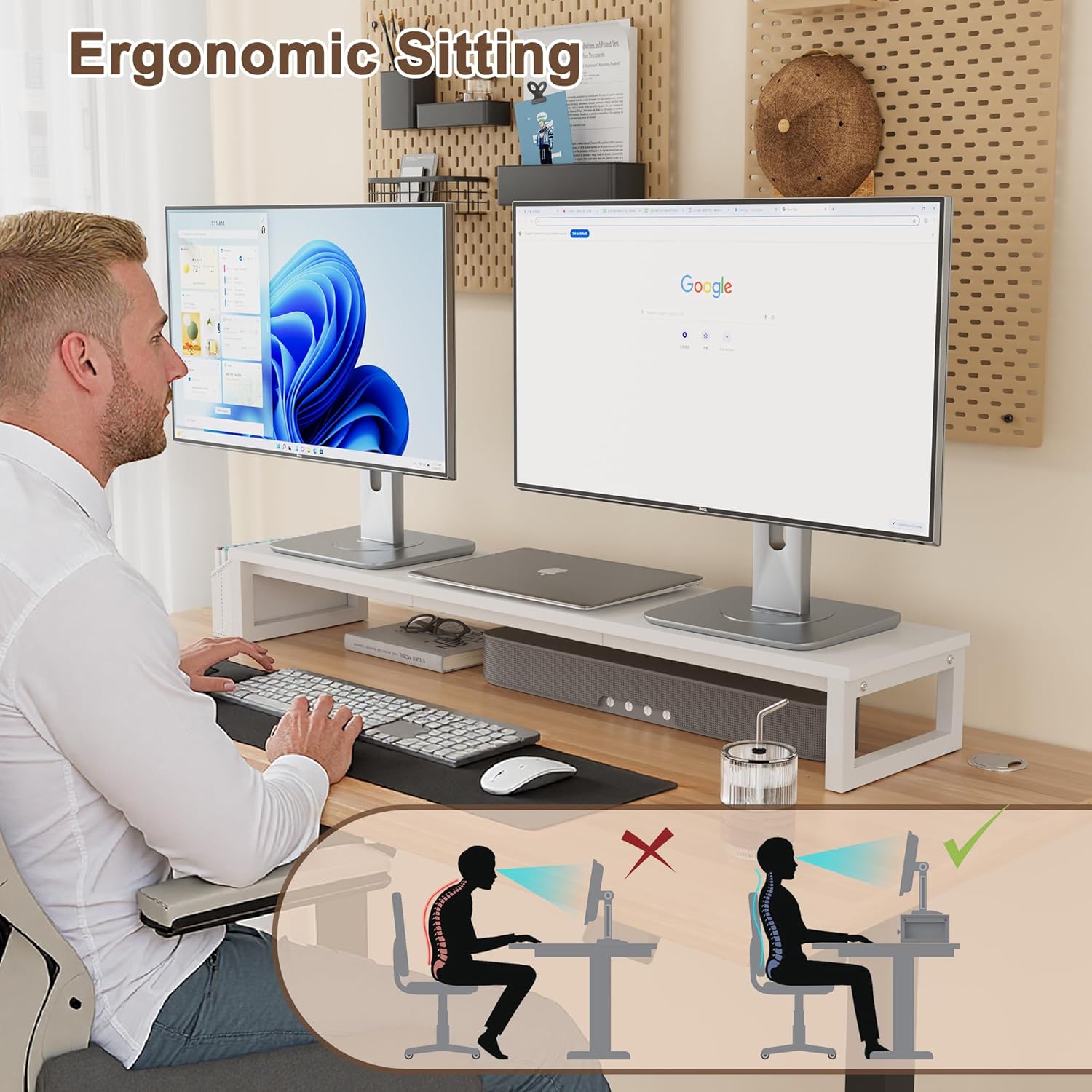 LAND·VOI Dual Monitor Stand Riser,41.5'' Long Monitor Stand for 2 Monitors, Wood and Steel Computer Monitor Stand, Desktop Oraganizer with Pen Holder, Monitor Riser for Desk Computer,Laptop,TV, White