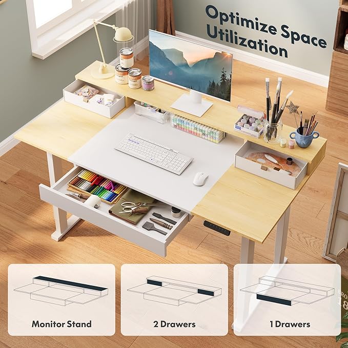 SANODESK Electric Standing Desk with Drawer, 71 x 32 inch Height Adjustable Computer Desk, Home Office Stand Up Desk with 4 Preset Heights, White