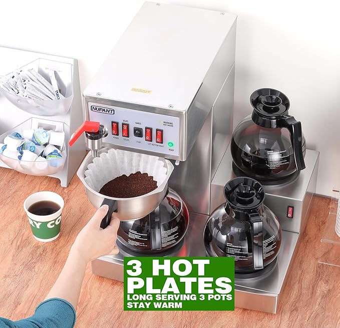 12 Cup Commercial Coffee Maker Auto Filling Drip Coffee Maker Machine with 3 Glass Carafes 3 Warmers Stainless Steel Pour Over Coffee Brewer with Hot Water Dispenser for Restaurant Office Cafe