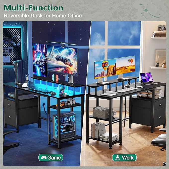 Furologee 51" Gaming Desk with Power Outlets & LED Lights, Reversible Computer Desk with File Cabinet & Monitor Stand for Home Office, Large Work Table with Storage Shelves & Drawer, Black
