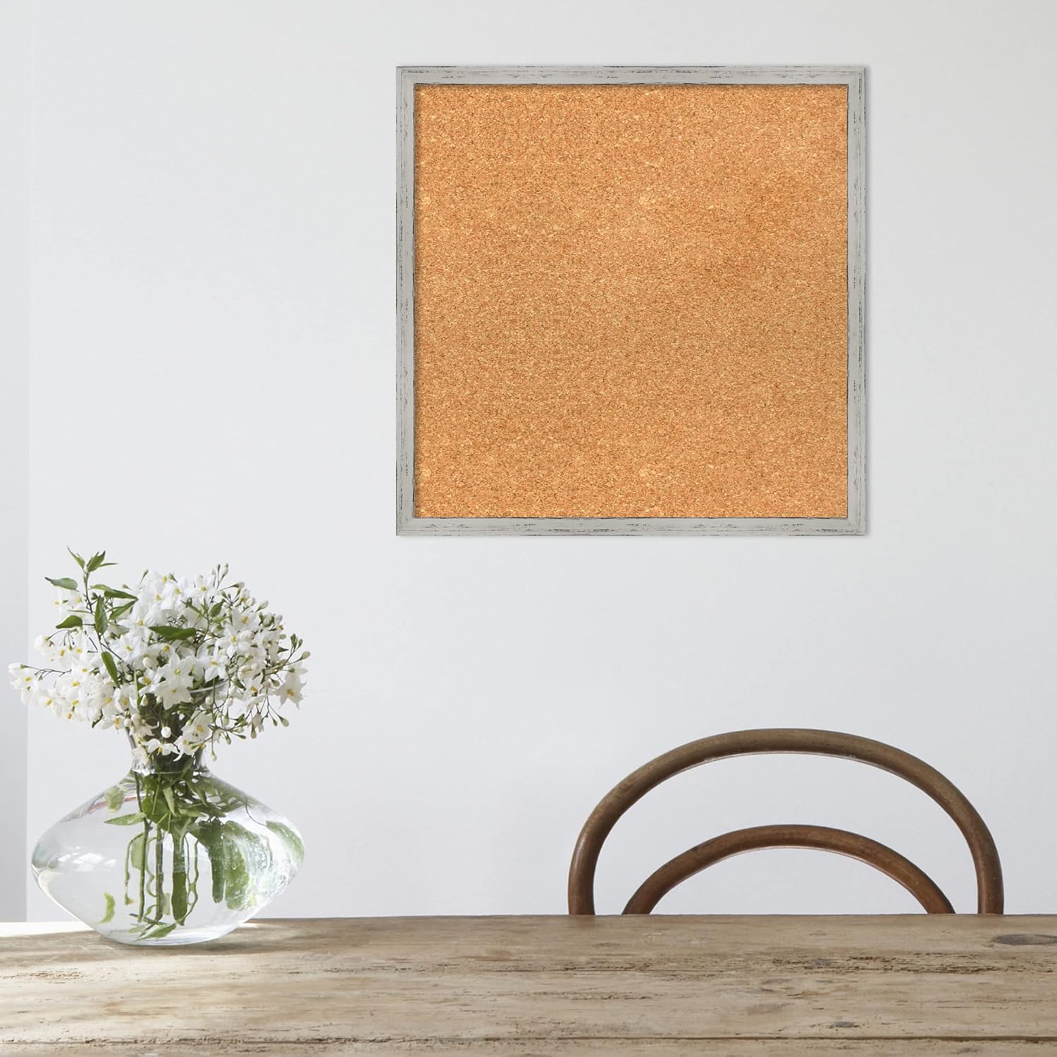 Amanti Art Natural Cork Board for Wall, 19x19 Vision Board with White Frame, Small Corkboard Office Decor for Home Organization, Cottage Corkboard Pinboard to Display Items for Home Organization in