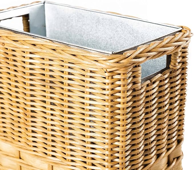 The Basket Lady Large Rectangular Wicker Waste Basket with Metal Liner, 14.5 in L x 9 in W x 18 in H, Sandstone