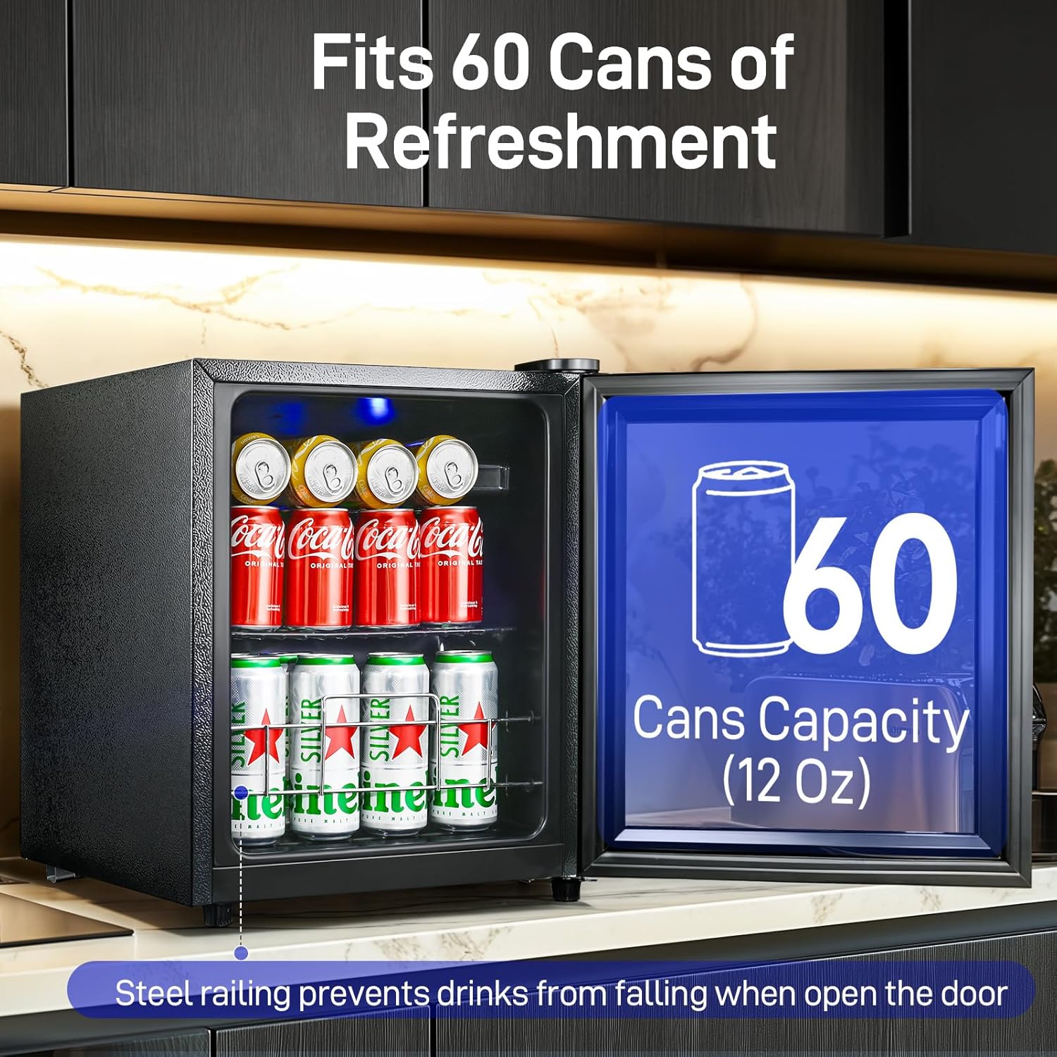 Small Beverage Refrigerator Cooler, 1.6 Cu.Ft Mini Fridge with Tempered Glass Door, 60 Cans Wine Drink Beer Fridge for Office Bedroom Bar, 7 Level Temperatures, Adjustable Shelf (12 Oz)