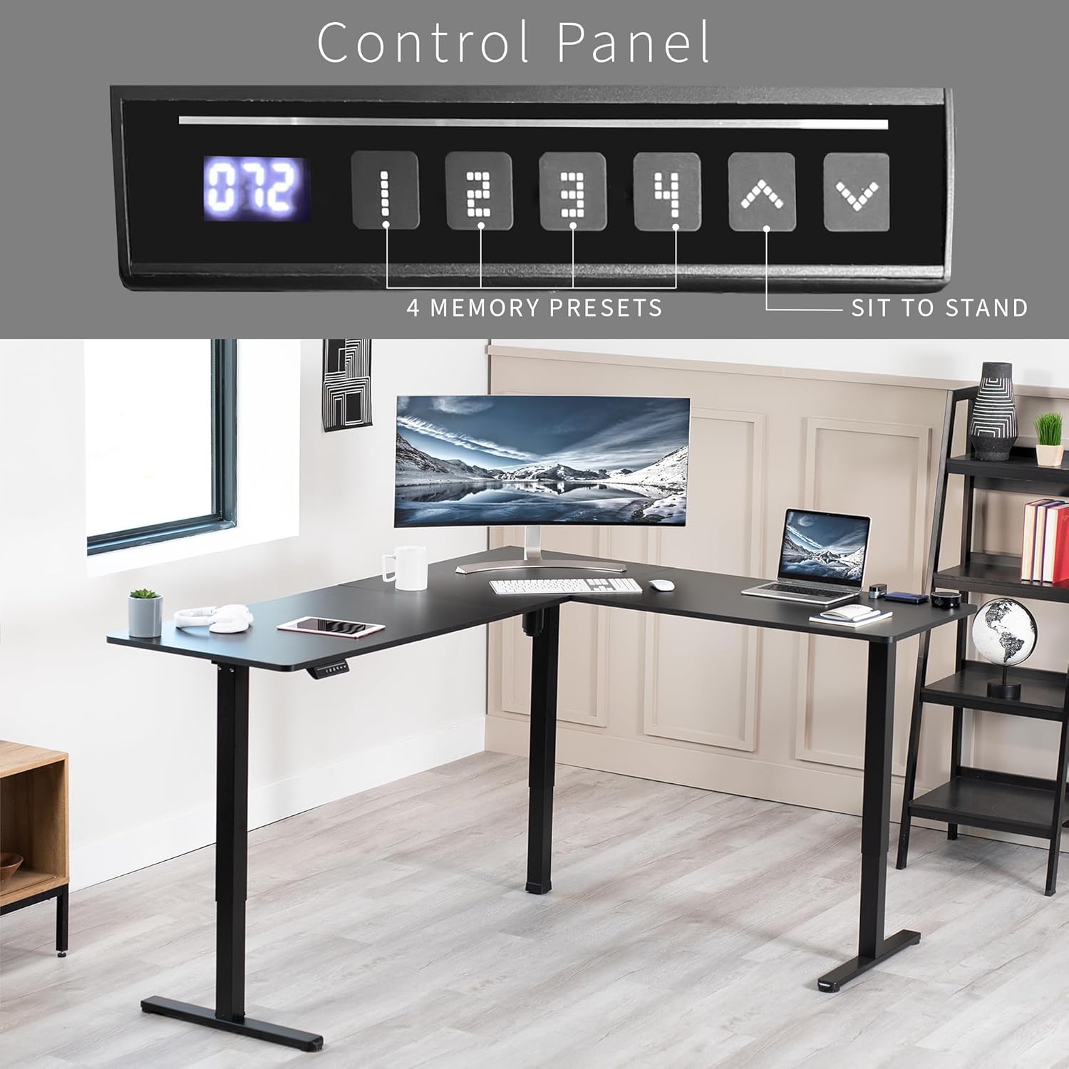 VIVO Electric Corner L-Shaped 75 x 63 in Standing Desk, Memory Height Adjustment, Black Top Black Frame, DESK-E3CTB-75