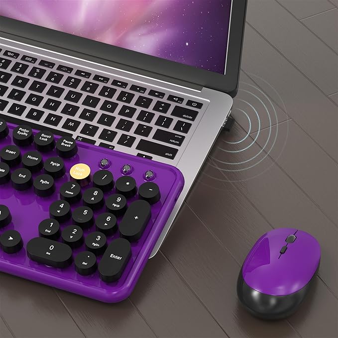 Colorful Wireless Computer Keyboard and Mouse Combo with Round Typewriter Keycaps, Retro Design, Power Switch, Ergonomic Design, 2.4GHz Wireless for Windows, Mac, PC(Black-Purple)