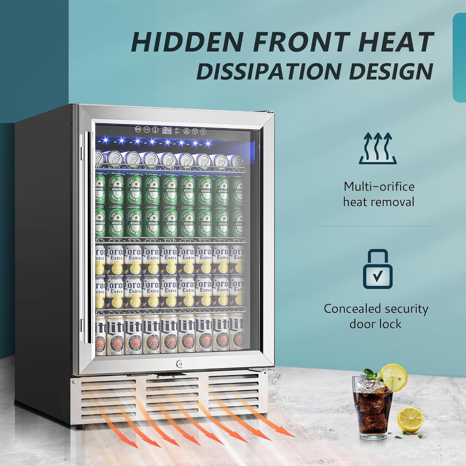 EUHOMY 24 Inch Beverage Refrigerator, 180 Can Built-in Beverage Cooler, Under Counter Beer Fridge with Glass Door for Soda, Water, Wine - For Kitchen, Bar or Office