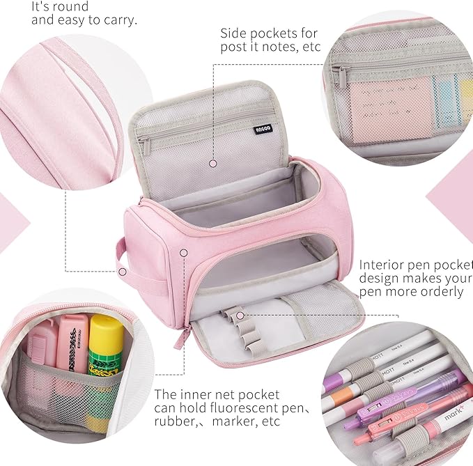 HVOMO Big Capacity Pencil Case High Large Storage Pouch Marker Pen Case Travel Simple Stationery Bag School College Office Organizer for Teens Girls Adults Student(Pink)