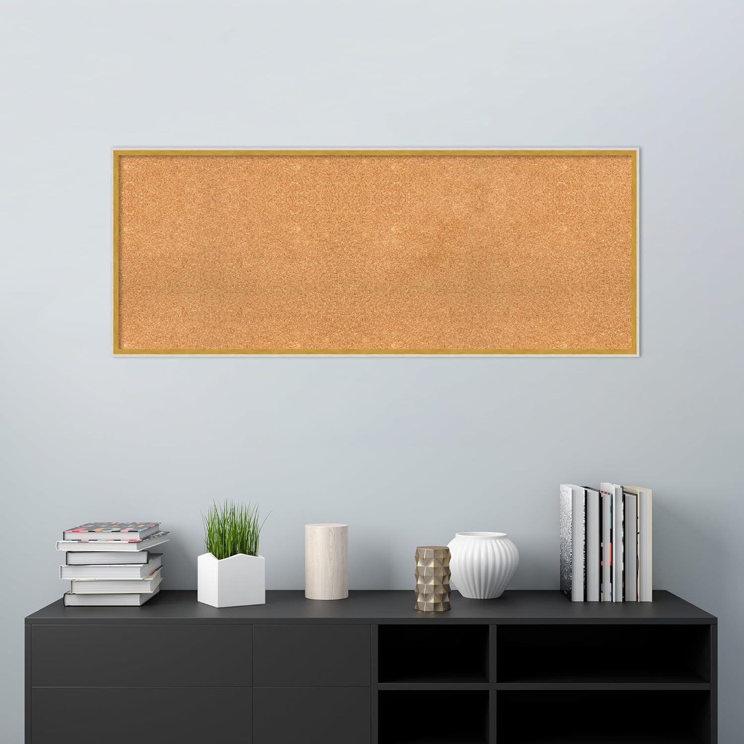 Amanti Art Natural Cork Board for Wall, 21x53 Vision Board with White Frame, Oversize Corkboard Office Decor for Home Organization, Modern Corkboard Pinboard to Display Items for Home Organization in