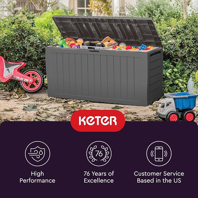 Keter Marvel Plus 71 Gallon Resin Deck Box-Organization and Storage for Patio Furniture Outdoor Cushions, Throw Pillows, Garden Tools and Pool Floats, Light Grey