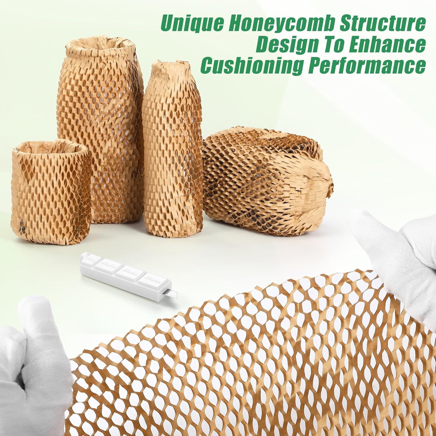 12"x300Ft Honeycomb Packing Paper & Bubble Wrap for Moving - FSC Certified Recyclable Packaging Kit with 40 Pcs Fragile Stickers & Safety Cutter (Eco-Friendly Heavy Duty Protection)