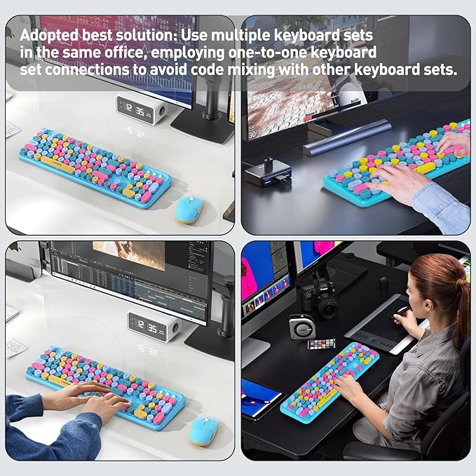 FOPETT 2.4GHz Wireless Keyboard and Mouse Set with Switch Button - Full-Size Keyboard - Compatible for Windows/Laptop/PC/Notebook/Smart TV and More - Blue Colorful