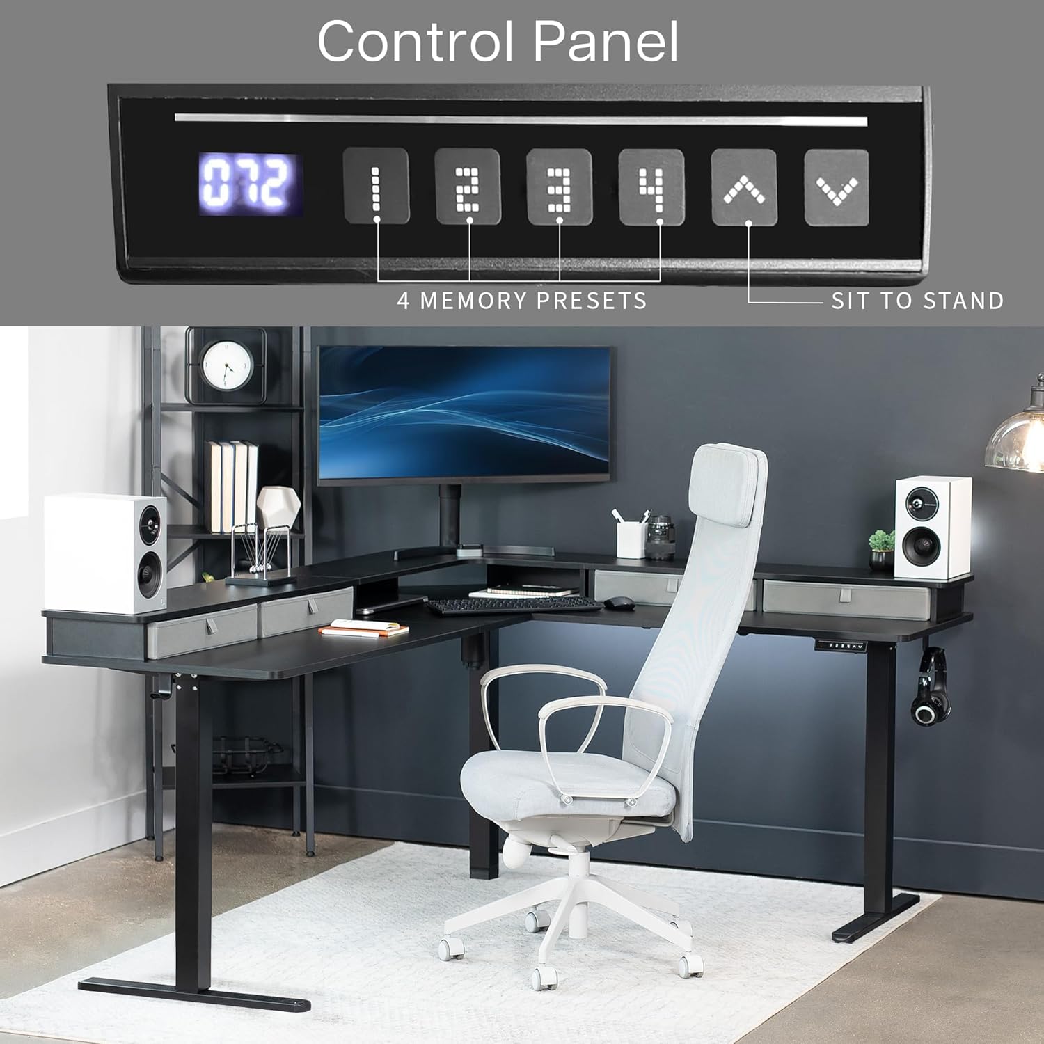 VIVO Electric Mobile Corner 75 x 63 inch 2 Tier Stand Up L-Shaped Desk, Height Adjustable, Memory Controller, Storage Drawers, Black Top Black Frame, DESK-E3CVB-75