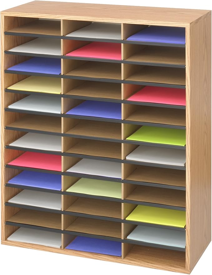 Safco Literature Organizer, 36 Compartments, Office and Classroom Mailbox with Adjustable Shelves, Wood Paper and Mail Sorter, Medium Oak