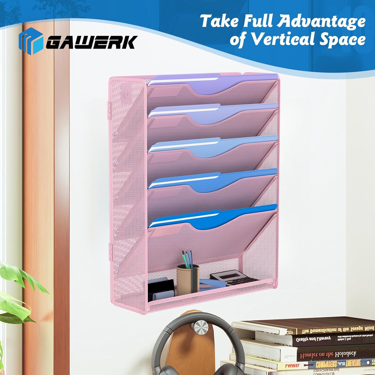 6 Tier Hanging File Organizer, Mesh Wall File Holder Paper Folder Rack with Bottom Flat Tray for Office Home, Pink